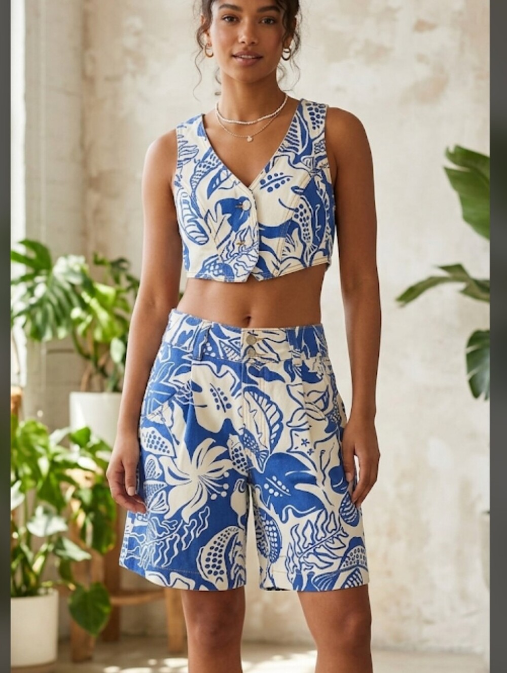 Farm Rio Denim  Blue & White Tropical Two-Piece Crop Top and Shorts Set Size S